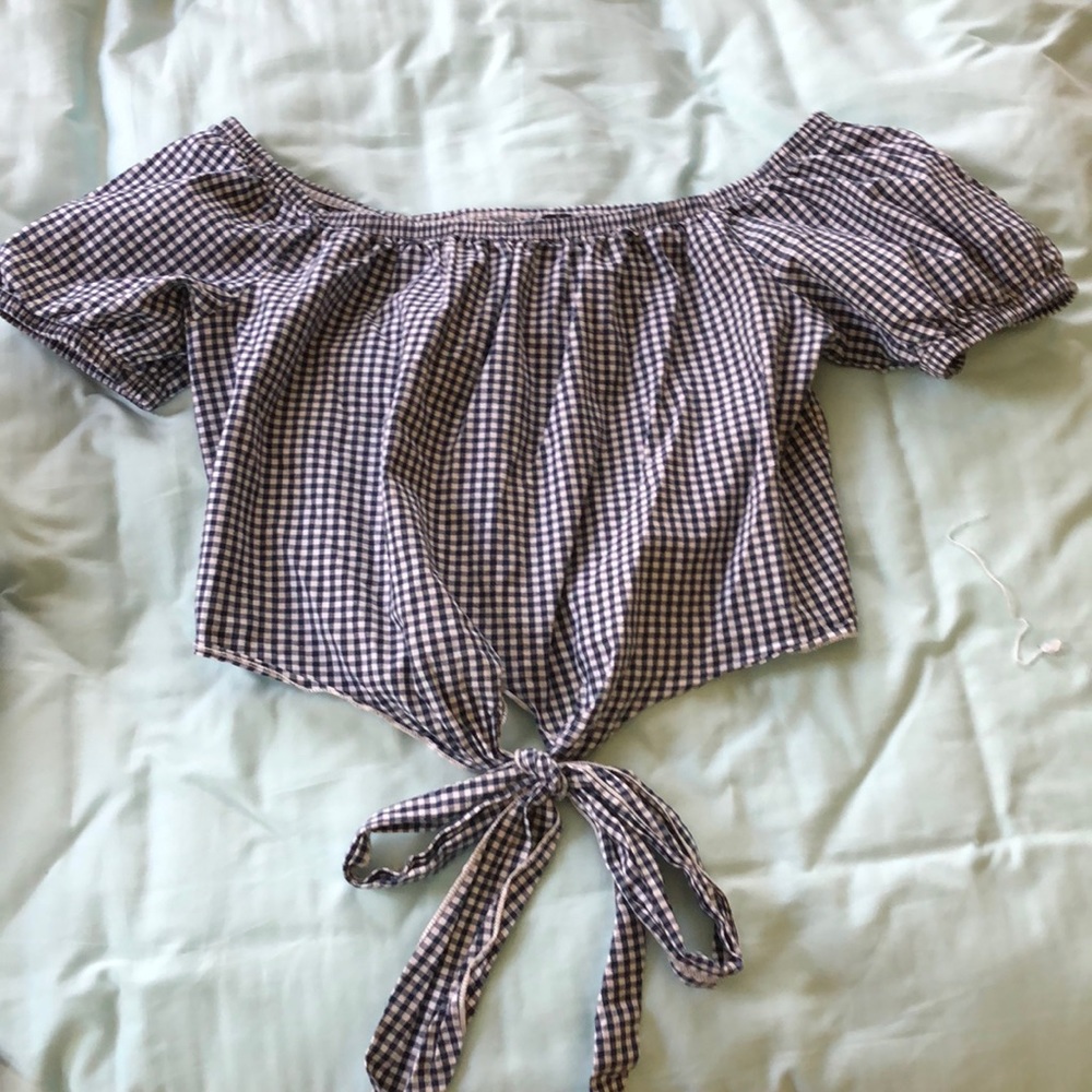 Cropped, off the shoulder, gingham top